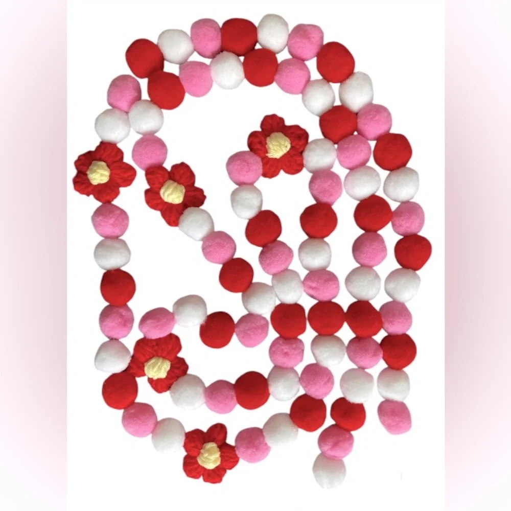 6ft Valentine's Day Red Pink White Florals Pom Pom Garland Handmade copper wire